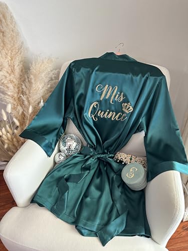 Custom Glitter Satin Robe with Crown, Tiara, or Butterfly Symbol for Quinceañera, or Mama de Quinceañera, Mis Quince Años, Damas Hair and Makeup Getting Ready Outfit, Batas de XV, 15th Birthday Gift2