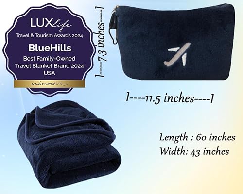 Image of BlueHills Travel Blanket Pillow in Mini Soft Case Premium Plush Airplane Blanket in Soft Bag Compact Pack with Luggage Belt and Backpack Clip - Navy Blue M04