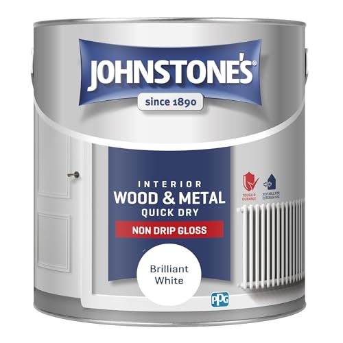 Johnstones - Quick Dry & Non Drip Gloss Paint for Wood & Metal - Brilliant White | Interior & Exterior | Low Odour Water-Based Formula Dry in 1-2 Hours | 10m2 Coverage per Litre | 2.5 L