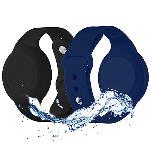 Waterproof AirTag Bracelet for Kids(2 Pack) - Soft Silicone Air tag Wristband Kids, Lightweight Airtag Watch Band GPS Tracker Holder Hidden for Child Compatible with Apple Airtag (Black/Blue)