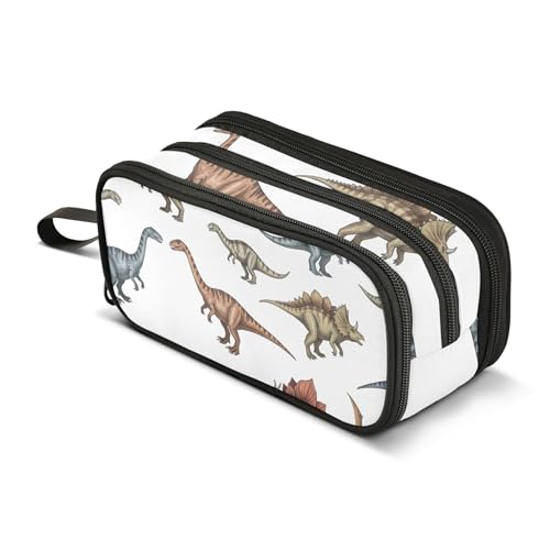 Pencil Case Zipper Pouch Large Vintage Brown Blue Dinosaurs White Pencils Storage Bags Teen Girls Pen Pouch Boy Animal Art Organizer Back to School Supplies 8.86x3.54x4.33in