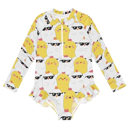 Wearing Sunglasses Chicken Pattern Girls Long Sleeve Swimsuit Rash Guard One Piece Bathing Suits Zipper 3-12T
