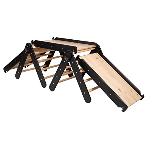 MEOWBABY Triángulo de escalada con tobogán y pared de escalada para niños, estructura de escalada interior de madera, color negro
