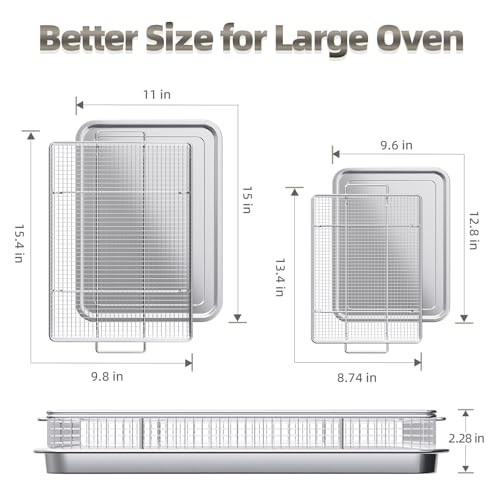Image of OPENICE Air Fryer Basket for Oven with Magnetic Cheat Sheet, Set of 2 | 25% Thicker Oven Air Fryer Basket and Tray | Stainless Steel Air Fryer Pans and Crisper Tray for Convention