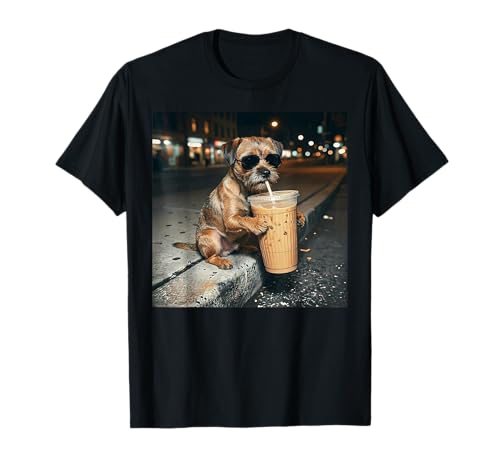 Border Terrier Drinking Iced Coffee Funny Dog Meme Men Women T-Shirt