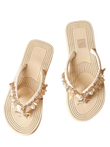 MakeMeChic Women's Seashell Starfish Summer Beach Shoes Open Toe Boho Flip Flops Flat Sandals Beige...