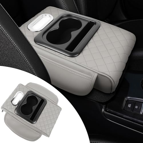 Hovom Car Center Console Cover, 12.3"×6.3"×1.5" Leather Armrest Cover for Cars, Multifunctional Auto Armrest Cushion Pad with Pocket, Tissue Box, Cup Holder & Phone Slot, Car Accessories (Gray)