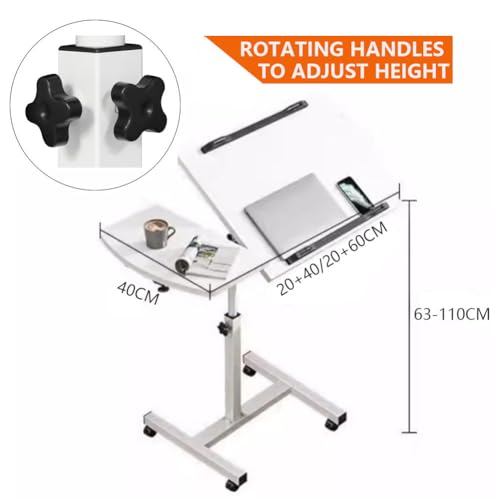 Beweglicher Computerarbeitsplätze, Laptoptisch, Klapptisch für Sofa, höhenverstellbar, 63–110 cm, Stehpult mit Tablett, rollbar, neigbar, Nachttisch, für Wohnzimmer, Schlafzimmer (Farbe: Weiß)