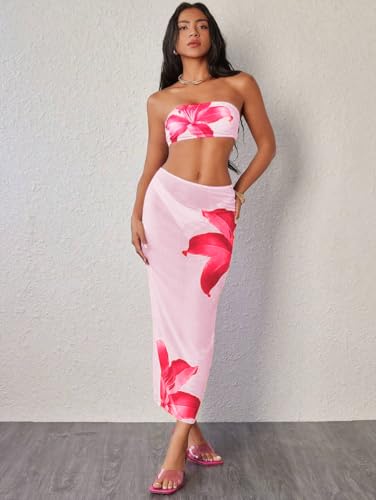 Image of ZAFUL Womens 3pcs Bikini Swimsuits Bandeau 3 Piece Swimwear High Cut Bikini Sets with Long Sheer Coverup Dress