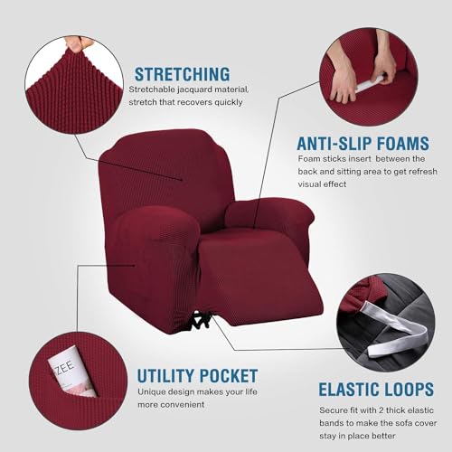 Image of H.VERSAILTEX Stretch Recliner Slipcovers 1-Piece Durable Soft High Stretch Jacquard Sofa Furniture Cover Form Fit Stretch Recliner Cover /Protector (Recliner, Burgundy Red)
