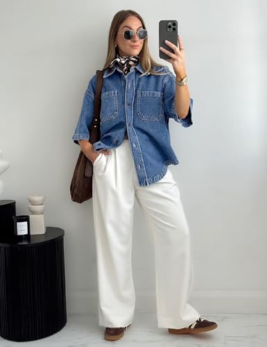 Women's Denim Shirt, Button Down Short Sleeve Jean Shirts Casual Top Outfits Trendy4