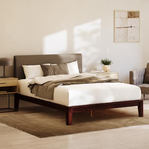 Image of Nectar Bamboo Platform Bed Frame & Upholstered Headboard - Twin XL - Walnut /Slate - Floating Center Support Legs -12 inch Height - Easy Tool Free Set Up - Sturdy Wooden Support Slats - Holds Up To 500 lbs