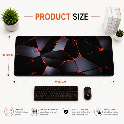 Image of Extended Gaming Keyboard Mat, Orange 3D Design, Non-Slip Rubber Base, Waterproof, Anti-Fray Stitched Edges, 30 x 80 cm, for Office, Gaming & Study