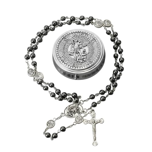 Nazareth Store St Michael Rosary Hematite Stone Beads Necklace Metal Beaded Glory Beads Archangel Medal & Cross with Metal Gift Box