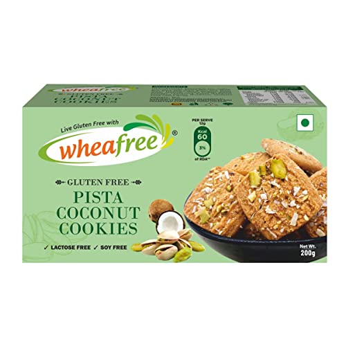Image of Wheafree Gluten Free Pista Coconut Cookies - Pack of 2 (200g each) No Maida | Best Tea Time Snacks | 100% Vegetarian and Wholesome Ingredients