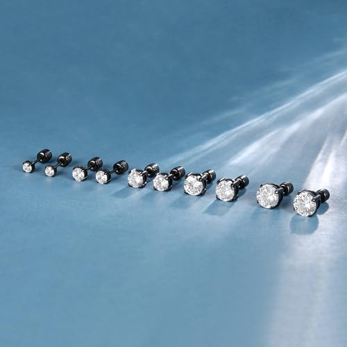 5 Pairs Square Screw Back Stud Earrings Set, Cubic Zirconia Stud Earring for Women Men Hypoallergenic 316L Surgical Stainless Steel Round Cut CZ 3-7mm4