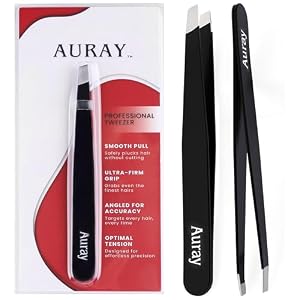 Eyebrow Tweezers Women Facial Hair, Stainless Steel Facial Hair Removal Precision Tweezer for Men & Women in Black, Slanted Tip Eyebrow Plucker for Easy Plucking, Professional Tweezers by AURAY