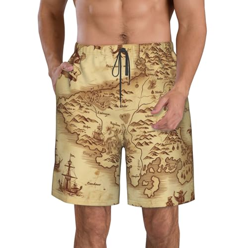 Treasure Map Vintage Men's Swim Trunks Quick Dry Board Shorts with Pockets Casual Drawstring Beach Shorts