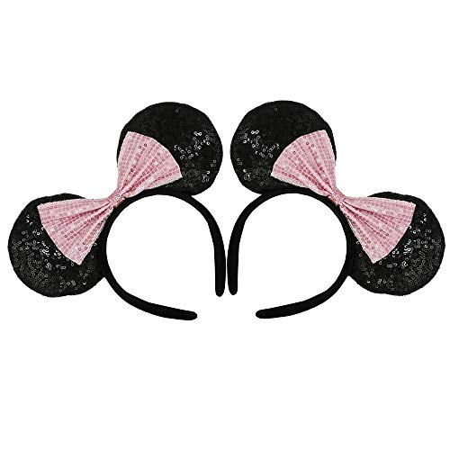 CHuangQi Mouse Ears Double-sided Sequin Hair Band (Set of 2), Glitter Large Bow Headband, Princess Party Decoration (Pink Bow)