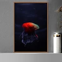 Framed Canvas Wall Art Jellyfish Bedroom Colorful Jellyfish Marine Life Multicolor Neon Photography Tropical - 16x24 inches