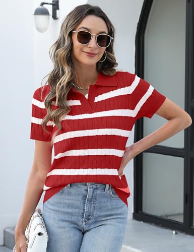 Image of Micoson Womens Short Sleeve Sweater Tops Lapel V Neck Polo Shirts 2026 Summer Cable Knit Loose Blouse Business Casual Outfits