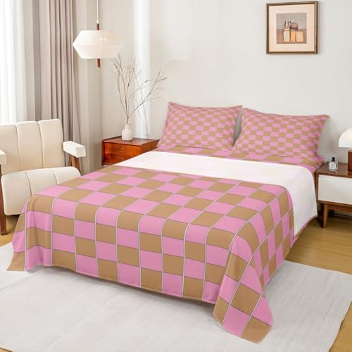 Image of Erosebridal Gaming Plaid Sheet Set Twin Geometric Checkered Bed Sheets Pink Brown Bedding for Kids Boys Girls,Cute Checkerboard Bed Sheets Set 3 Piece