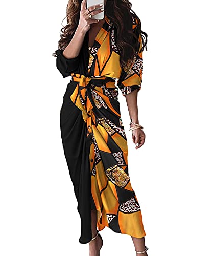 Image of FYEARFOX Women's Button Down Shirt Dress Ruched Split Maxi Dresses Long Sleeve Wrap V Neck Tie Waist Party Clubwear