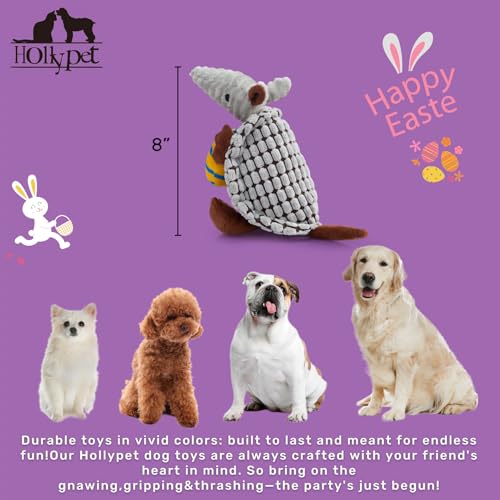 Image of Hollypet Plush Dog Squeaky Toy Stuffed Armadillo Animal Pet Puppy Chew Toys with Clean Teeth for Small Medium Large All Breed Sizes Dogs, Gray, 8 in, Yellow Egg with Blue Stripes