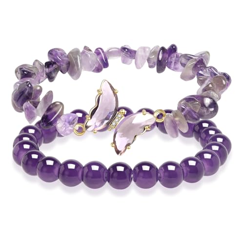 Artlunar Purple Butterfly Healing Bracelet, Gift Charm Jewelry with Beaded Bracelet for Women