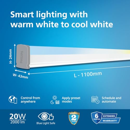 Image of Philips 20W Smart Wi-Fi Tunable White LED Batten Light | App & Voice Control via Alexa & Google Assistant | Energy Efficient Smart Tube Light for Home | Pack of 4