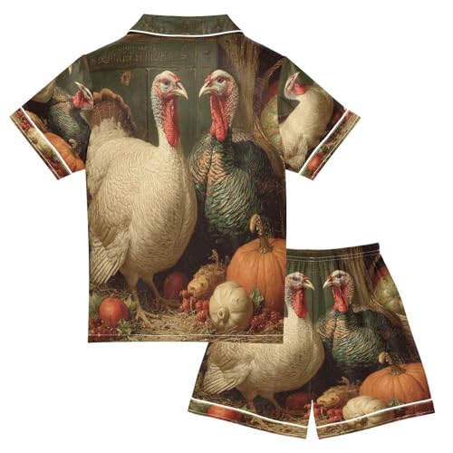 Satin Pajama Sets Short Sleeve Vintage Turkeys Fall Button Down Silky Nightwear 2 Piece PJS 5-14Y2