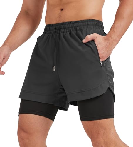 Suwangi Sporthose Herren Kurz 2 in 1 Laufhose Trainingsshorts Schnelltrocknende Gymshorts mit Reißverschlusstaschen
