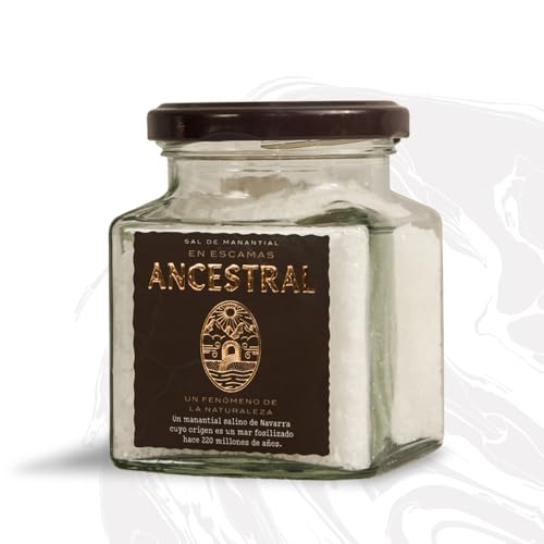 ANCESTRAL - Sal de Manantial en Escamas 180g - Sal Ancestral Pura sin Microplásticos ni Aditivos - Sal Gourmet de Manantial para Carne, Pescado y Brasa - Formato Frasco Premium para Mesa