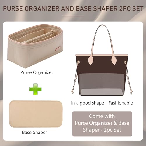 Image of Doxo Purse Organizer Insert for Handbags & Base Shaper Combination,Tote Bag Organizer Insert with 6 Sizes,Compatible with LV Speedy & Neverfull ON THE GO and More (L-Beige)