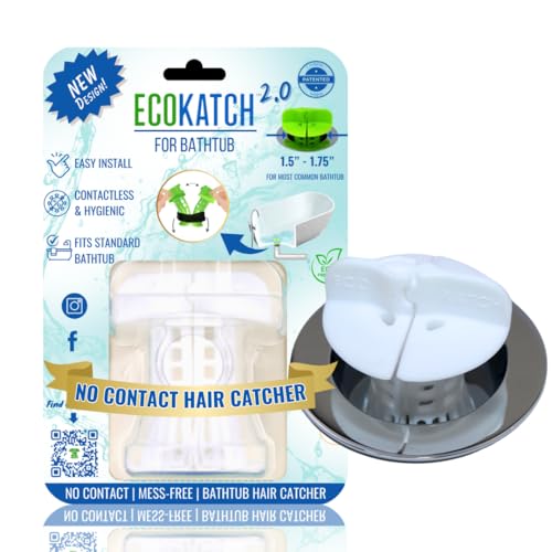 EcoKatch 2.0 - El mejor recogedor de pelo higiénico y sin contacto para bañera, protector de drenaje, colador, ajuste universal para bañera estándar con drenaje de 1.5 a 1.75 pulgadas (blanco polar)