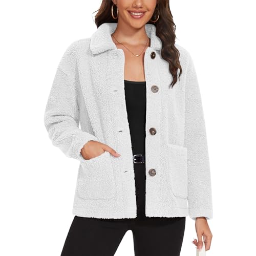 Image of Women's Teddy Fleece Collared Shacket UK Cosy Button-Up Warm Fuzzy Jacket Soft Faux Lamb Wool Overcoat with Pockets Fluffy Coat Ladies Versatile Casual Sherpa Outerwear for Everyday Wear
