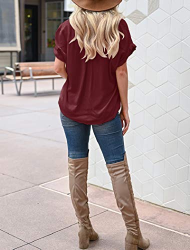 Hilltichu Women's Button Down Shirts Casual Short Sleeve Blouse (Wine Red,Large) #TOP1
