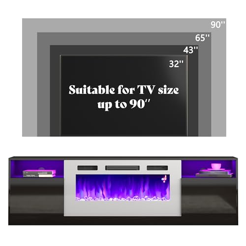 Image of AMERLIFE 80 inch Fireplace TV Stand with 40 inch Electric Fireplace | Black & White Finish, High Gloss Surface, Modern Entertainment Center, Storage Cabinets, 12 Colors LED Lights, Fits 90 inch TVs