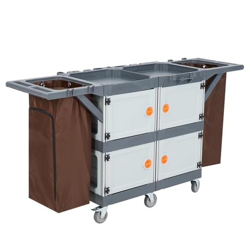Commercial Janitorial Cleaning Cart with Wheels, Multifunctional Room Service Housekeeping Cart with...