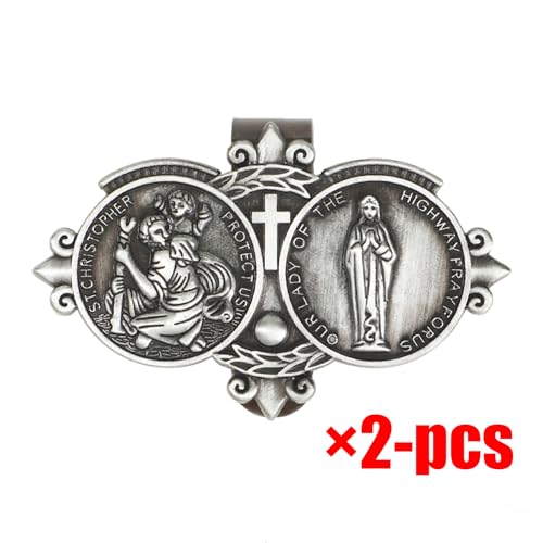 Image of 2-Pack St. Christopher Medal &Virgin Mary the Highway for Silver Car Visor Clip, Religious Catholic Medal for Driving Safety, Spiritual Gift for Men, Women, Teens & Parents