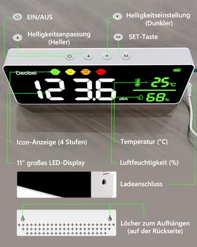 Digitaler Dezibelmessgerät, 3 In 1 Schallpegelmesser Wandbehang Schallpegelmessgerät mit Temperatur & Feuchtigkeits, 30~130dB, 11\ Große LED Bildschirm, für Zuhause, Babyzimmer, Bibliothek