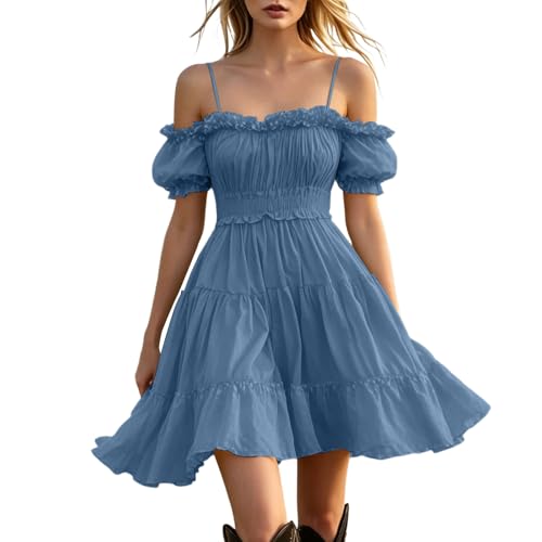 Lmdudan Women's Off Shoulder Mini Dress Puff Sleeve Smocked Waist Flowy Swing Dress Western Cowgirl Tiered Ruffle Dresses Dark Blue