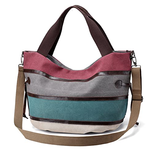 Image of Women Shoulder Bag Large Canvas Handbag Multi-Color Striped Crossbody Bag Satchel Ladies Hobo Tote for Travel Work Shopping Daily Use Red
