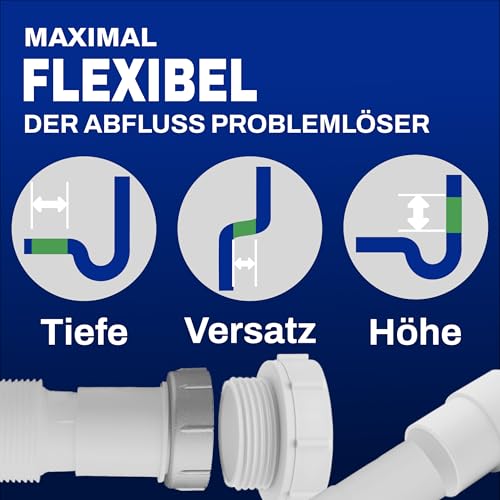 Flexibler Ablaufschlauch Werkzeugfreie Montage, 1 1/4 x 32, 40 und 50 mm, Siphon/Geruchsverschluss Ausziehbar für Badezimmer Waschbecken, Abfluss Rohr, Siphon, 720 mm Länge, Abflussrohr Waschtisch