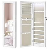 SONGMICS Armario para Joyas, Espejo Joyero de Pared, con Luces LED y Cierre, Organizador de para Pendiente, Collar, Espejo y Varios Compartimentos, Superficie Blanca y Forro Gris JJC093W01