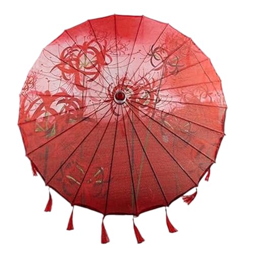 Paraguas japonés de seda de 32 pulgadas con lirio rojo y borlas 4
