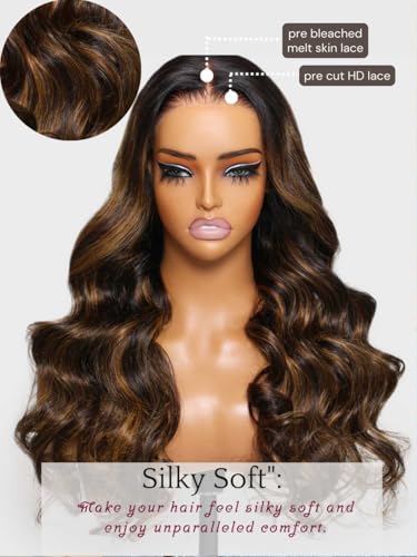 Image of Beauty Forever 7x5 Bye Bye Knots 2.0 Balayage Brown Highlight 3D Body Wave Lace Front Wig Put on and Go Glueless Drawstring Wigs with Pre-Bleached Pre Plucked Pre Cut HD Lace Wig 150% Density 18 Inch