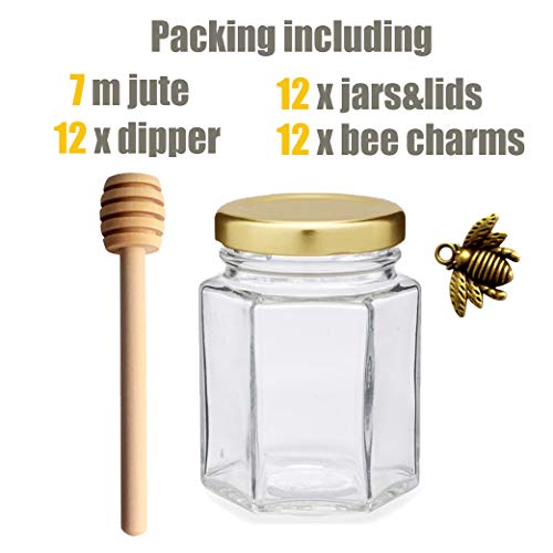 Adabocute 4Oz Hexagonal Honey Jars - Glass Honey Jars With Gold Lids, Wooden Dippers, Bee Charms And Jutes - Hexagon Honey Jars For Baby Shower, Wedding And Party Favors, 12 Pack #TOP2