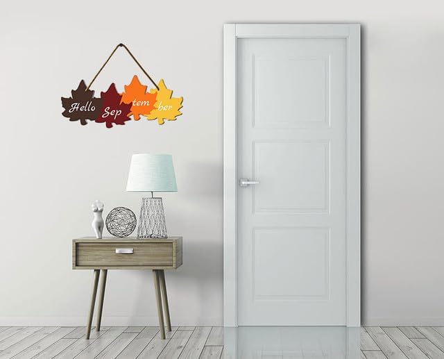 Miniatura 5 de KPSheng Letrero colgante de madera con texto en inglés Hello September para colgar en la puerta, diseño rústico de hoja de arce para decoración del