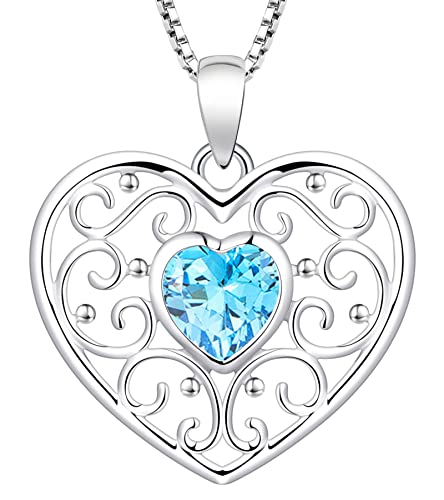 YL Women s Heart Necklace Sterling Silver Filigree Love Pendant 18k White Gold Created Aquamarine Jewelry